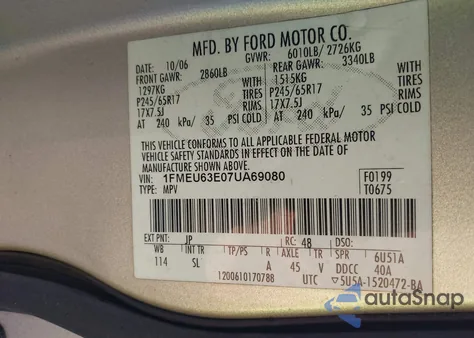 2007 Ford Explorer Xlt из США, поврежденный, VIN 1FMEU63E07UA69080